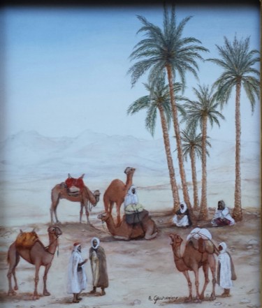 Malerei mit dem Titel "La halte des chamel…" von Annie Gaurenne, Original-Kunstwerk, Öl