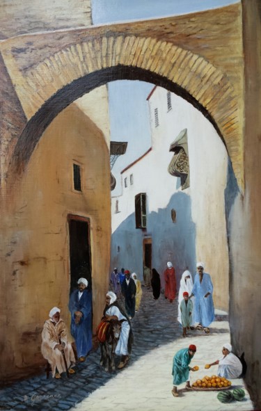Painting titled "Rue animée en Afriq…" by Annie Gaurenne, Original Artwork, Oil