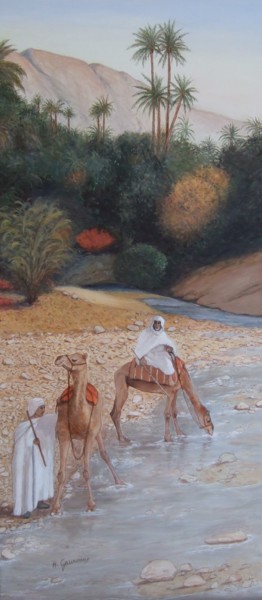 Painting titled "Deux dromadaires ac…" by Annie Gaurenne, Original Artwork, Oil