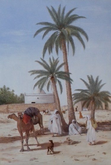 Painting titled "Palabres à l'entrée…" by Annie Gaurenne, Original Artwork, Oil