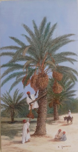 Painting titled "Récolte des dattes" by Annie Gaurenne, Original Artwork, Oil