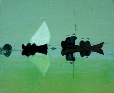 Peinture intitulée "lagoon with fisherm…" par Rob Arbouw, Œuvre d'art originale