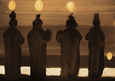 Schilderij getiteld "Four Kabuki players" door Rob Arbouw, Origineel Kunstwerk, Olie
