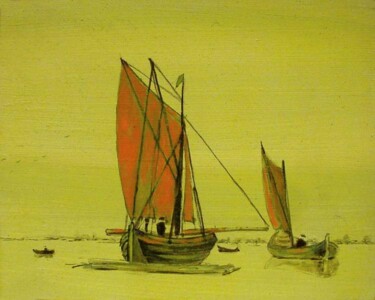 Schilderij getiteld "Freighboat and a ti…" door Rob Arbouw, Origineel Kunstwerk