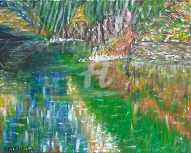 Painting titled "Lake Reflections" by Robbie Nuwanda, Original Artwork, Acrylic