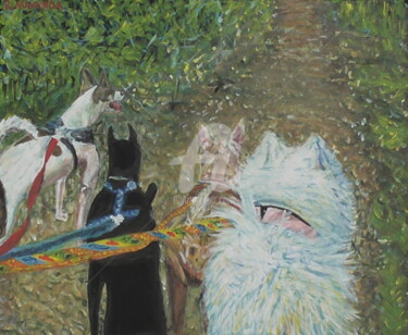 Painting titled "Dogs In The Woodland" by Robbie Nuwanda, Original Artwork, Acrylic