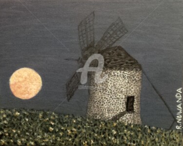 Painting titled "Moon and Windmill" by Robbie Nuwanda, Original Artwork, Acrylic