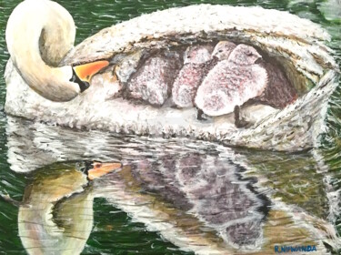 Painting titled "Mothering Swan" by Robbie Nuwanda, Original Artwork, Acrylic