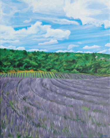 Painting titled "lavender field" by Róbert Bánrévi, Original Artwork, Acrylic Mounted on Wood Stretcher frame