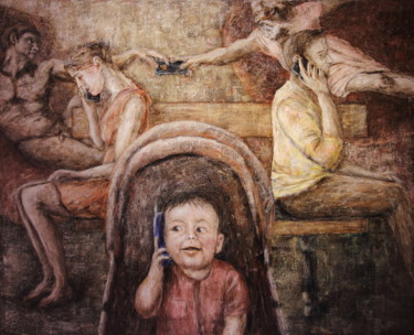 Malerei mit dem Titel "Phone addict" von Robert Bass, Original-Kunstwerk, Acryl