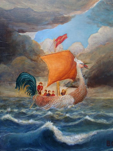 Peinture intitulée "le coq drakkar-8f.j…" par Boul, Œuvre d'art originale, Huile