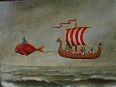 Peinture intitulée "le-drakkar-volant-8…" par Boul, Œuvre d'art originale, Huile