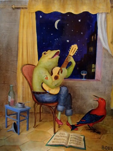 Pittura intitolato "la grenouille et l'…" da Boul, Opera d'arte originale, Olio