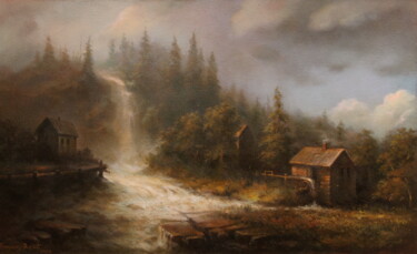 Peinture intitulée "Mountain waterfall" par Robert Braginsky, Œuvre d'art originale, Huile