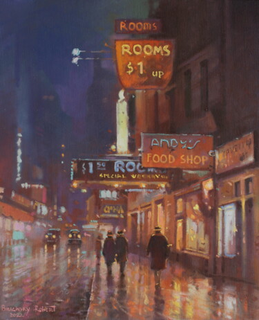 Schilderij getiteld "Night City 1950-60" door Robert Braginsky, Origineel Kunstwerk, Olie