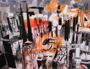 Painting titled "NYC - WTC seen by s…" by Robert Cadiere, Original Artwork, Acrylic Mounted on Wood Stretcher frame