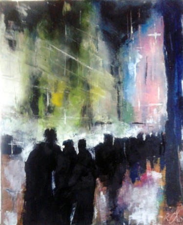 Painting titled "Promenade nocturne" by Robert Charles, Original Artwork, Oil Mounted on Wood Stretcher frame