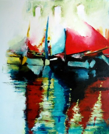 Painting titled "Voiles au port" by Robert Charles, Original Artwork, Oil