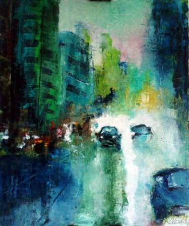 Painting titled "Avenue Eustache" by Robert Charles, Original Artwork, Oil Mounted on Wood Stretcher frame