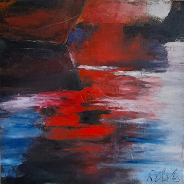 Painting titled "Reflets de barques" by Robert Charles, Original Artwork, Oil Mounted on Cardboard