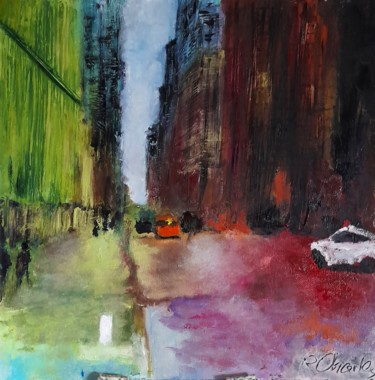 Painting titled "Scène urbaine" by Robert Charles, Original Artwork, Oil Mounted on Cardboard