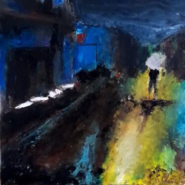 Painting titled "Ondée nocturne." by Robert Charles, Original Artwork, Oil Mounted on Cardboard