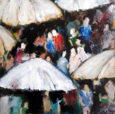 Painting titled "Le marché" by Robert Charles, Original Artwork, Oil Mounted on Wood Stretcher frame