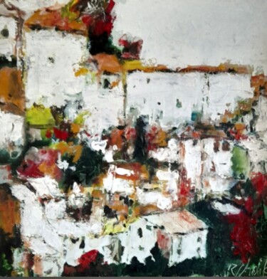 Painting titled "Village provençal" by Robert Charles, Original Artwork, Oil Mounted on Cardboard