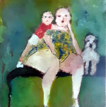 Painting titled "Maman poule" by Robert Charles, Original Artwork, Oil Mounted on Cardboard