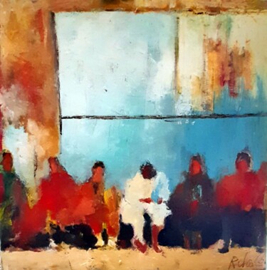 Painting titled "Square Augustin" by Robert Charles, Original Artwork, Oil Mounted on Wood Stretcher frame