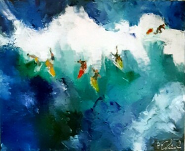 Peinture intitulée "Surfer les vagues" par Robert Charles, Œuvre d'art originale, Huile Monté sur Châssis en bois