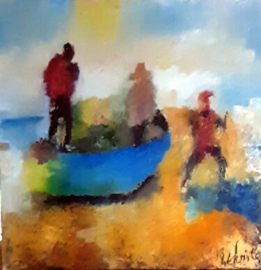 Painting titled "Les pecheurs" by Robert Charles, Original Artwork, Oil Mounted on Cardboard
