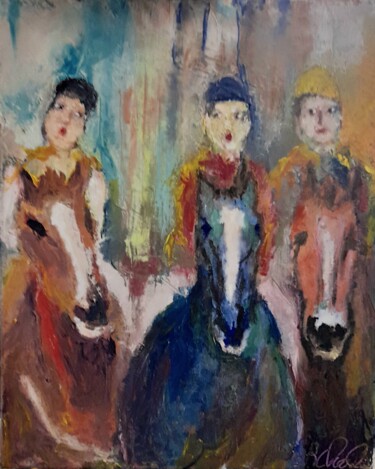 Painting titled "Au galop" by Robert Charles, Original Artwork, Oil Mounted on Wood Stretcher frame