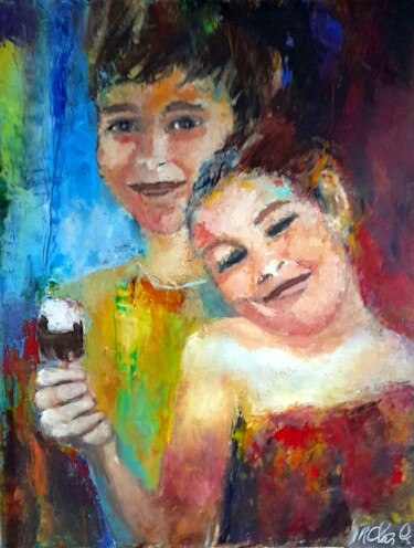 Painting titled "Entre frère et sœur" by Robert Charles, Original Artwork, Oil Mounted on Wood Stretcher frame