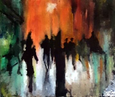 Painting titled "Déambulation" by Robert Charles, Original Artwork, Oil Mounted on Wood Stretcher frame