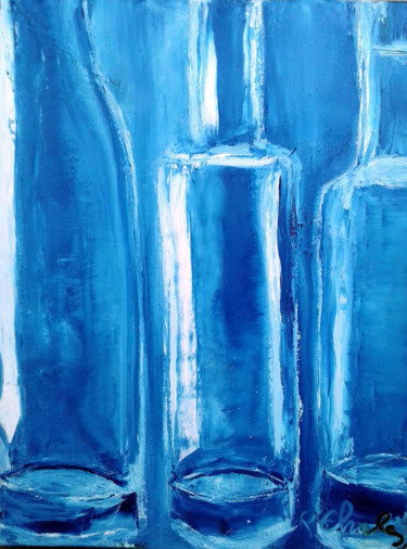 Schilderij getiteld "(7) Bleu et verre 1…" door Robert Charles, Origineel Kunstwerk, Olie Gemonteerd op Frame voor houten br…