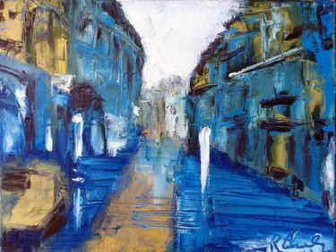 Painting titled "(4)avenue-azur" by Robert Charles, Original Artwork, Oil Mounted on Wood Stretcher frame