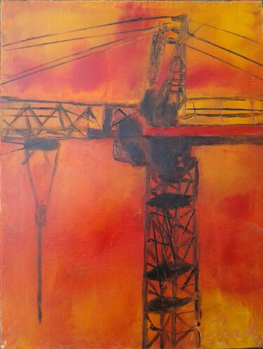 Painting titled "(1)une-grue" by Robert Charles, Original Artwork, Oil Mounted on Wood Stretcher frame