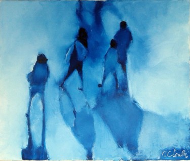 Painting titled "(1)blue-street" by Robert Charles, Original Artwork, Oil Mounted on Wood Stretcher frame