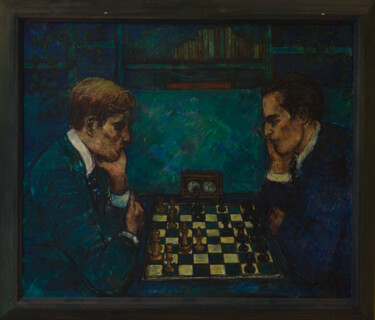 Painting titled "Les joueurs d'échec…" by Robert Gibson, Original Artwork, Oil Mounted on Wood Stretcher frame