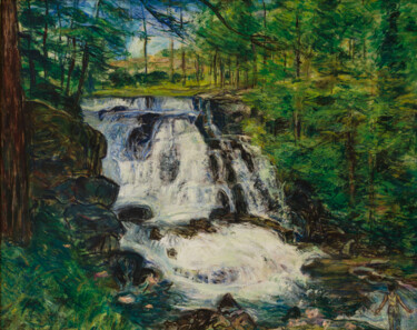 Painting titled "La Cascade à Fontco…" by Robert Gibson, Original Artwork, Oil Mounted on Wood Panel