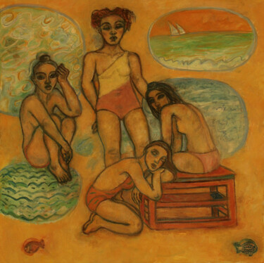 Malerei mit dem Titel "A la plage - Peintu…" von Robert Gibson, Original-Kunstwerk, Öl Auf Keilrahmen aus Holz montiert