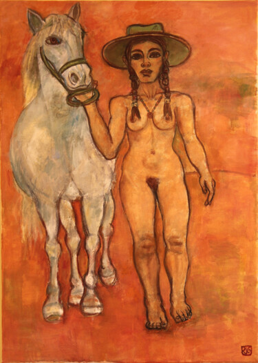 Pintura titulada "Orange Nude with Ho…" por Robert Gibson, Obra de arte original, Oleo Montado en Bastidor de camilla de mad…
