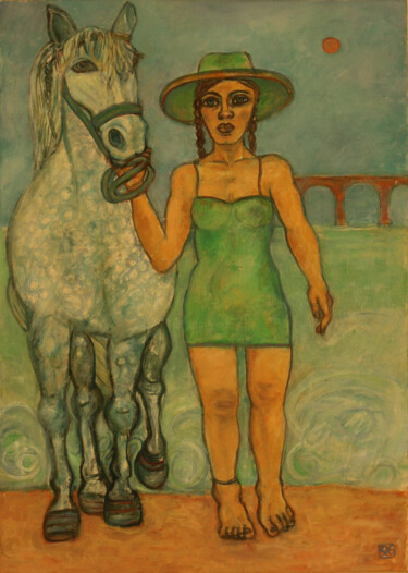 Painting titled "Femme au Cheval et…" by Robert Gibson, Original Artwork, Oil Mounted on Wood Stretcher frame