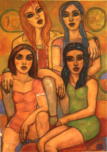 Painting titled "Four sisters from o…" by Robert Gibson, Original Artwork, Oil Mounted on Wood Stretcher frame