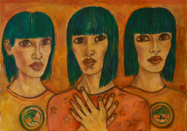 Painting titled "Trio - Peinture à l…" by Robert Gibson, Original Artwork, Oil Mounted on Wood Stretcher frame
