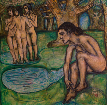 Картина под названием "Nymphes - peinture…" - Robert Gibson, Подлинное произведение искусства, Масло Установлен на Деревянна…
