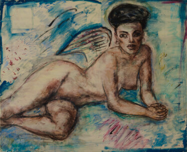 Painting titled "L'Ange" by Robert Gibson, Original Artwork, Oil Mounted on Wood Stretcher frame