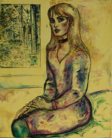 Peinture intitulée "Jeune femme au tabl…" par Robert Gibson, Œuvre d'art originale, Huile Monté sur Châssis en bois