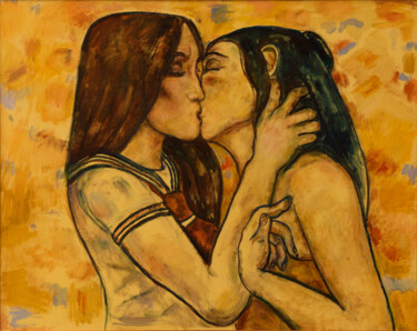 Painting titled "Le Baiser- Peinture…" by Robert Gibson, Original Artwork, Oil Mounted on Wood Stretcher frame